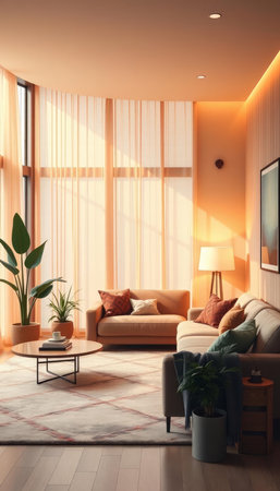 Living room interior with sofa, coffee table and plants. 3d render