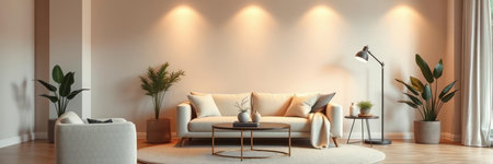 Living room interior with sofa, coffee table and plants. 3d rendering