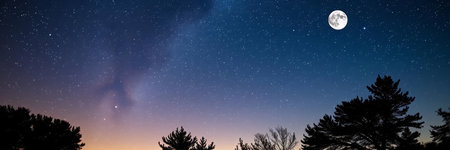 Night sky with stars and full moon. Panoramic background.の写真素材