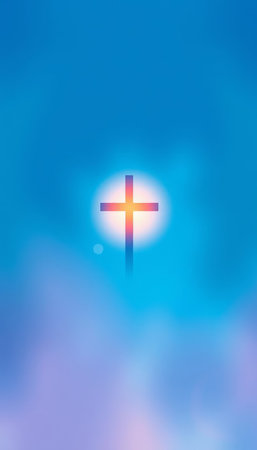 Cross on blue sky background. Christian religion symbol. Vector illustration.