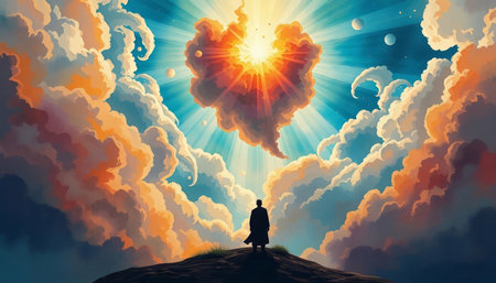 Man in the sky with clouds and sun. Vector Illustration.