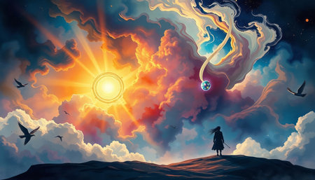 Fantasy image of a girl in the sky with clouds and sun