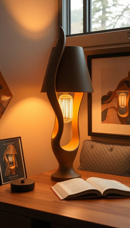Lamp and book on wooden table in living room at home.