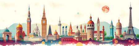 Panoramic view of the famous landmarks of the world. Vector illustration