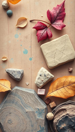 Flat lay composition with autumn leaves and stones on wooden background.