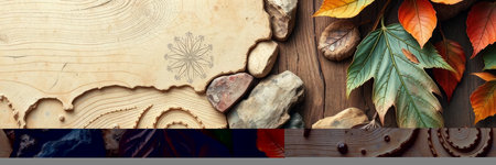 Wooden background with autumn leaves and snowflakes. Top view.