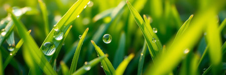 Green grass with dew drops close-up. Nature background.