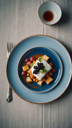 Cottage cheese with berries and honey in a blue plate on a gray background