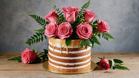 Wedding cake decorated with pink roses and green leaves on wooden table
