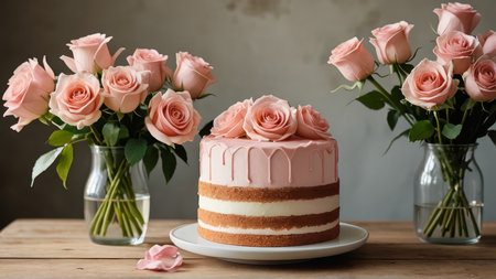 Cake with pink roses in vase on the wooden table.