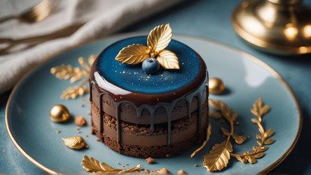 Piece of chocolate cake with blue glaze on blue plate.