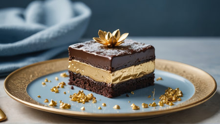 Piece of chocolate cake with golden decor on plate, closeup