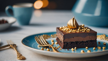Piece of chocolate cake on blue plate with golden fork and spoon on white table