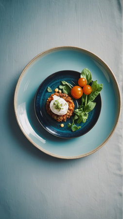 Vegetable tartare with tomato and mozzarella on blue plateの写真素材