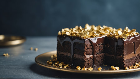 Chocolate cake with golden sprinkles on a dark background. Copy space.の写真素材