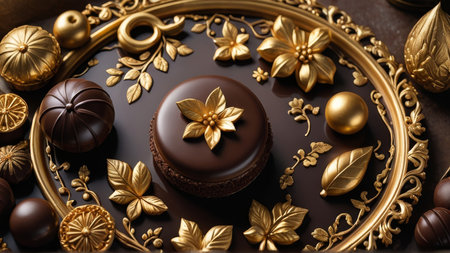 Chocolate candies on a golden plate. 3d rendering.
