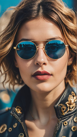 Close-up portrait of a beautiful girl in sunglasses on a sunny dayの写真素材