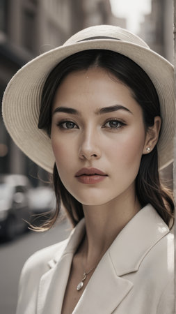 Outdoor fashion portrait of beautiful young woman in hat and coat.の写真素材