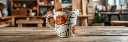 Cup of coffee on wooden table in cafe, panoramic bannerの写真素材