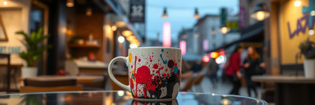 Coffee cup on a table in a street cafe, panorama