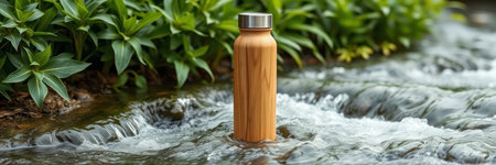 bottle of water on the background of a mountain stream in the forest