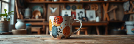 Coffee cup on wooden table in coffee shop, panorama