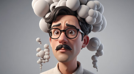 Funny man with mustache and glasses on grey background. 3d rendering