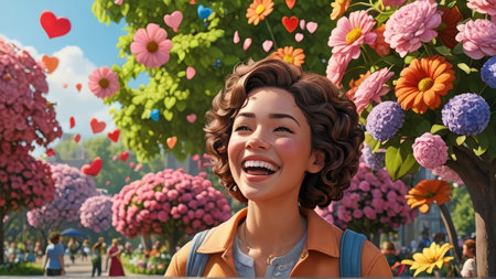 Happy young woman with curly hair on the background of blossoming flowers in Paris