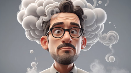 Funny man with big head and clouds above his head on grey background
