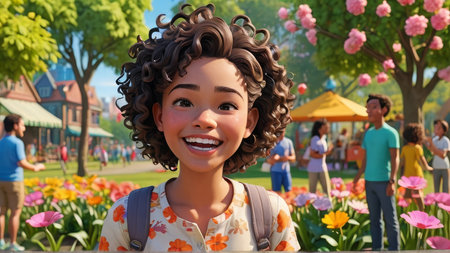 Beautiful young woman with afro curly hairstyle smiling in a park