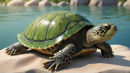 Green turtle on a stone in the water. 3d illustration.