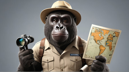Gorilla in safari hat with map and camera on grey background