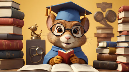 Cute little mouse in graduation cap and glasses reading a book. Education concept.の写真素材