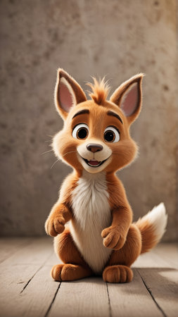 Cute little fox on wooden floor, closeup. Friendly animal