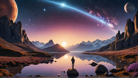 Fantasy alien planet. Mountain and lake. 3D illustration.
