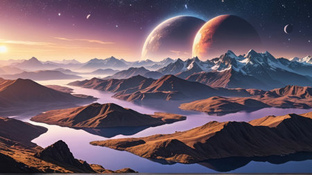 Fantasy alien planet. Mountain and lake. 3D illustration.