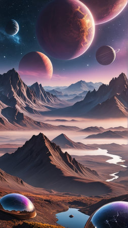 Fantasy alien planet. Mountain and lake. 3D Illustration