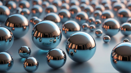 Abstract 3d rendering of metallic spheres. Futuristic background with balls.