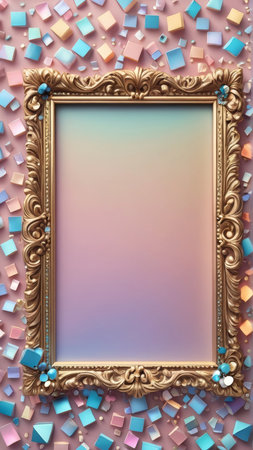 3d render of golden frame with confetti on pink background.