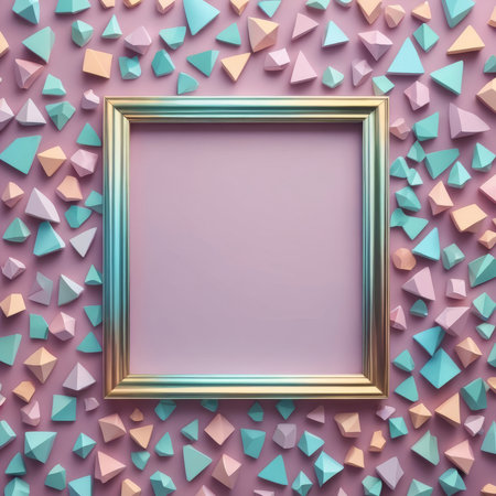 3d render, abstract geometric background with empty golden frame, pastel colorsの写真素材