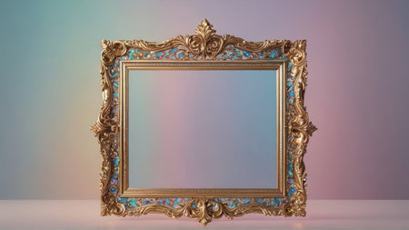 Golden vintage picture frame on a pink and blue background. 3d rendering