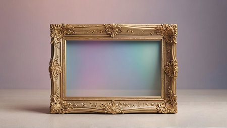 Vintage golden picture frame on white table and purple wall background.