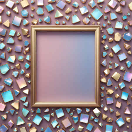 Gold frame on a background of blue and pink stones. 3d renderingの写真素材