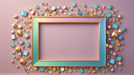 3d rendering of golden frame with colorful geometric shapes on pink background