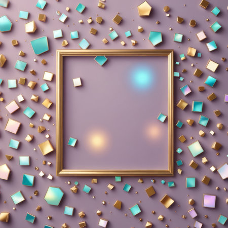 3d render of golden square frame with colorful confetti on purple background