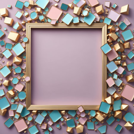 3d render of golden frame with colorful geometric shapes on purple background
