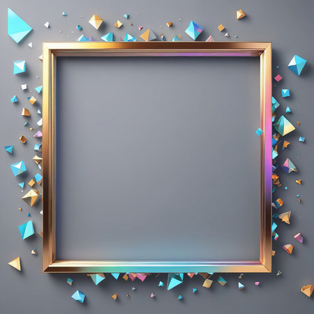 Abstract background with golden frame and colorful confetti. Vector illustration.