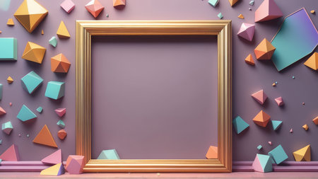 3d render of golden frame with colorful geometric shapes on purple background