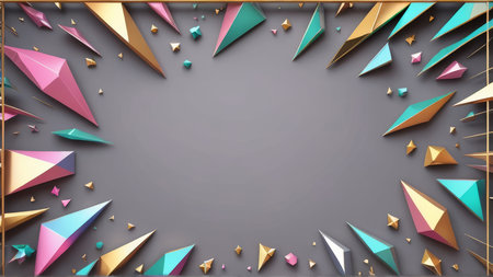 Abstract geometric background with multicolored triangles and golden lines. Vector illustration.