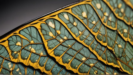 Close up of a butterfly wing pattern on a piece of leaf.
